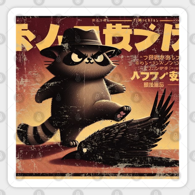 Dangerous Raccoon Crow Japanese Retro Sticker by IA.PICTURE